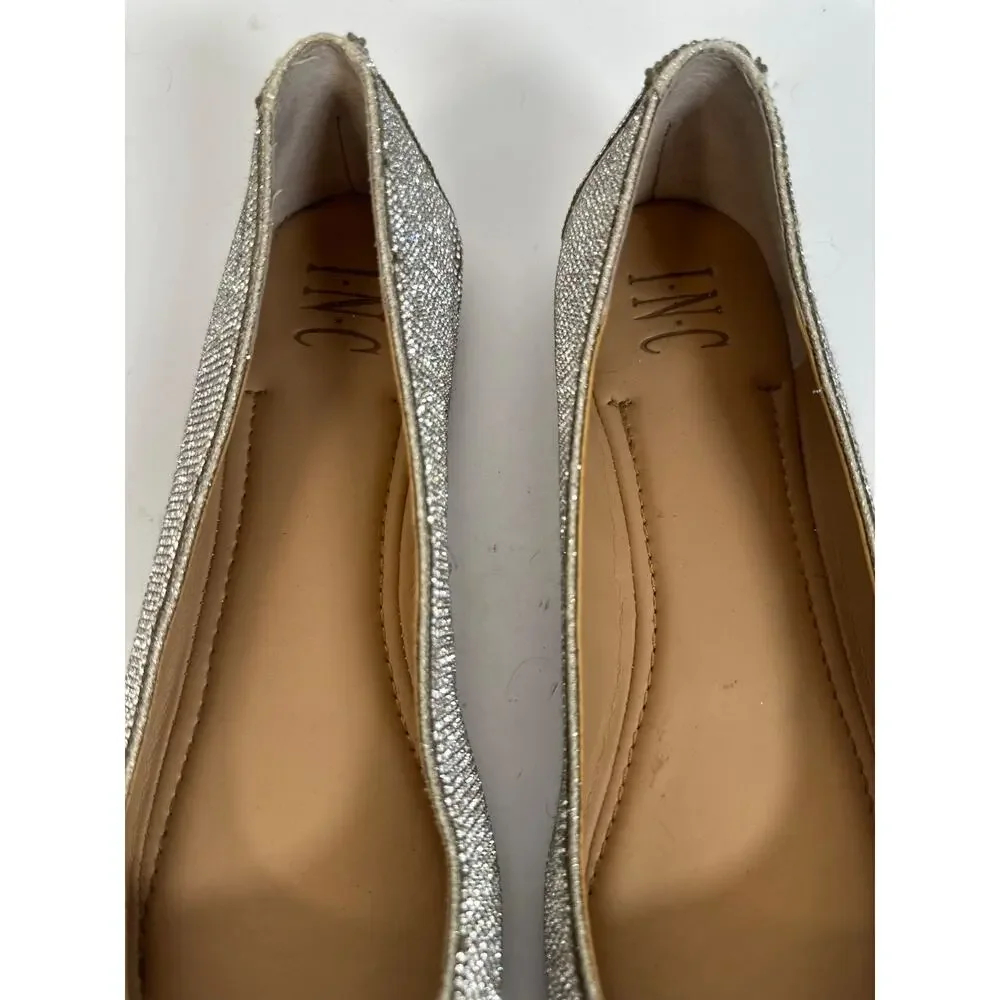 INC Silver Rhinestone Ballet Flats Size 10 Sparkle Slip-On